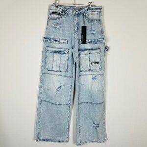 NWT Rockstar Original Burain Blue Baggy Fit Jeans Sz 34 Distressed Grunge Street